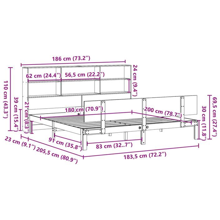 Lit bibliothèque sans matelas blanc 180x200 cm bois pin massif - Photo n°11