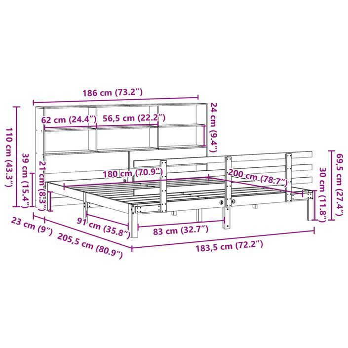 Lit bibliothèque sans matelas blanc 180x200 cm bois pin massif - Photo n°11