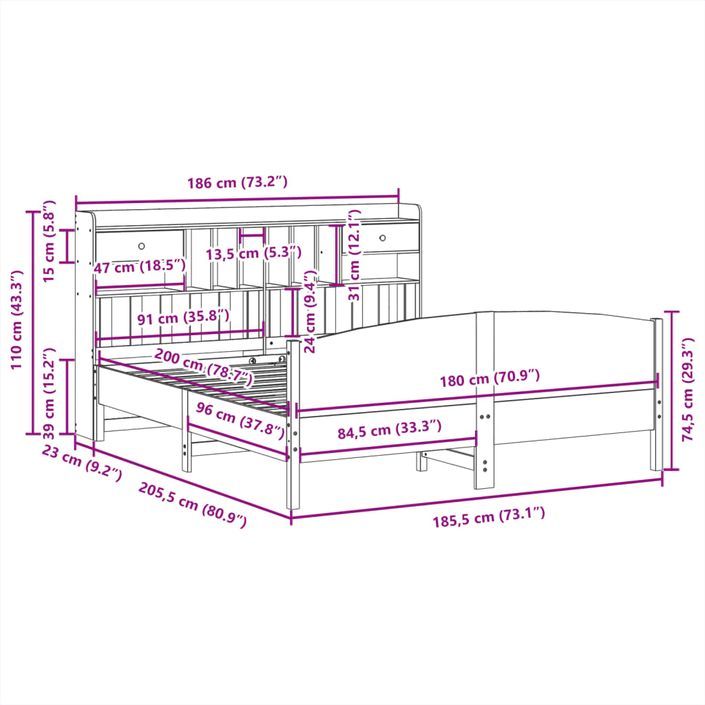 Lit bibliothèque sans matelas blanc 180x200 cm bois pin massif - Photo n°11