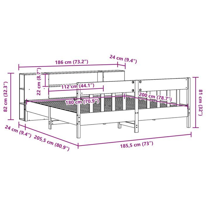 Lit bibliothèque sans matelas blanc 180x200 cm bois pin massif - Photo n°12