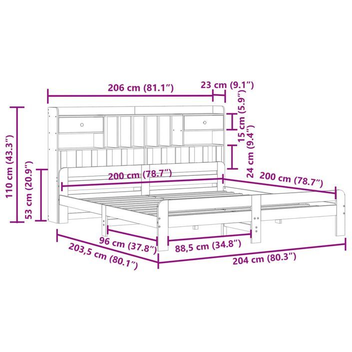 Lit bibliothèque sans matelas blanc 200x200 cm bois pin massif - Photo n°11