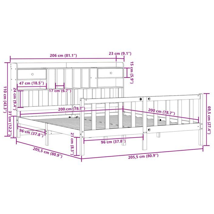 Lit bibliothèque sans matelas blanc 200x200 cm bois pin massif - Photo n°11