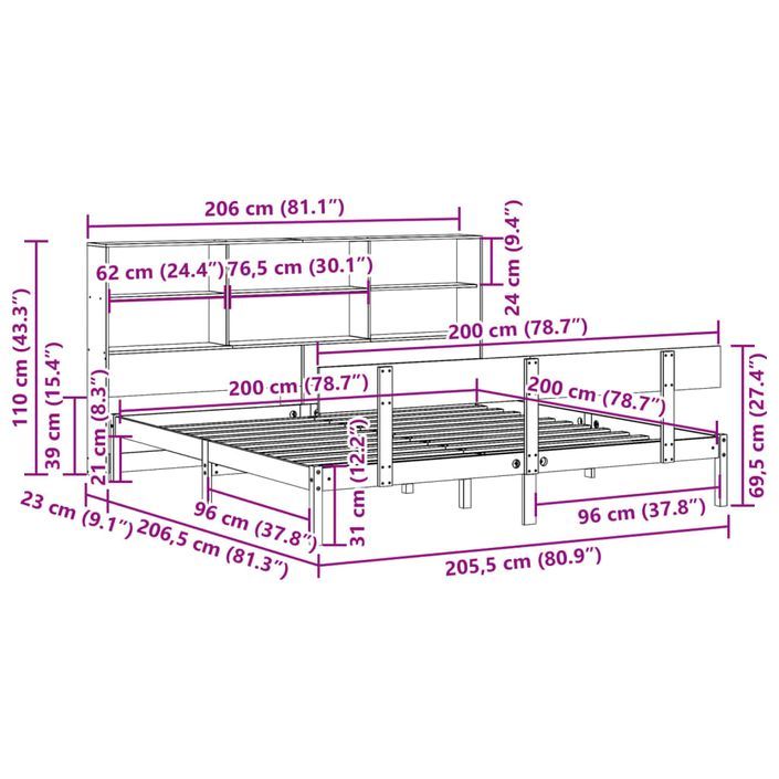 Lit bibliothèque sans matelas blanc 200x200 cm bois pin massif - Photo n°11