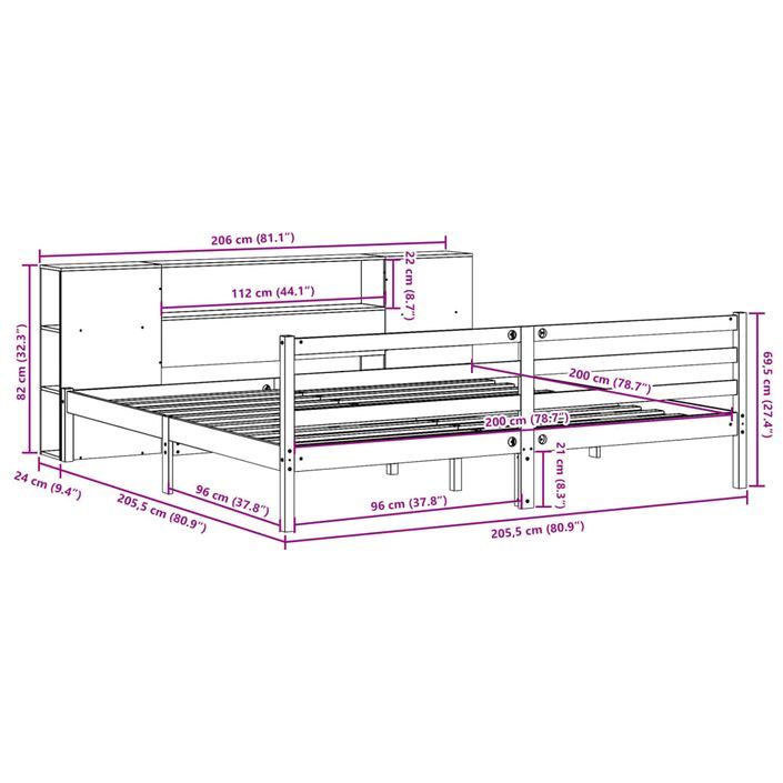 Lit bibliothèque sans matelas blanc 200x200 cm bois pin massif - Photo n°11