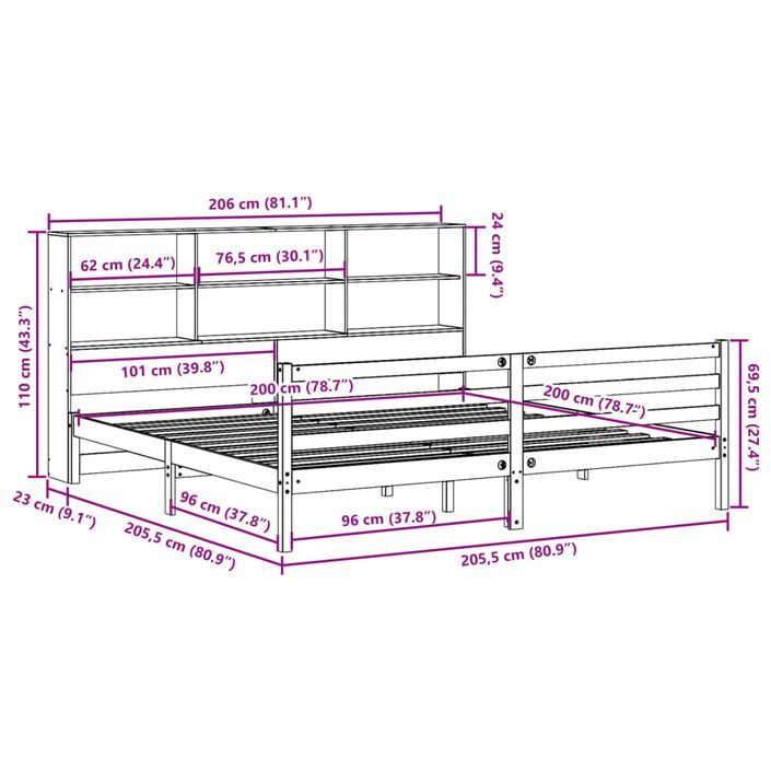 Lit bibliothèque sans matelas blanc 200x200 cm bois pin massif - Photo n°11