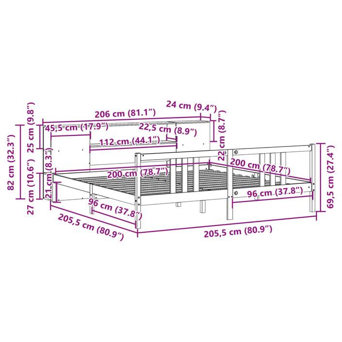 Lit bibliothèque sans matelas blanc 200x200 cm bois pin massif - Photo n°11