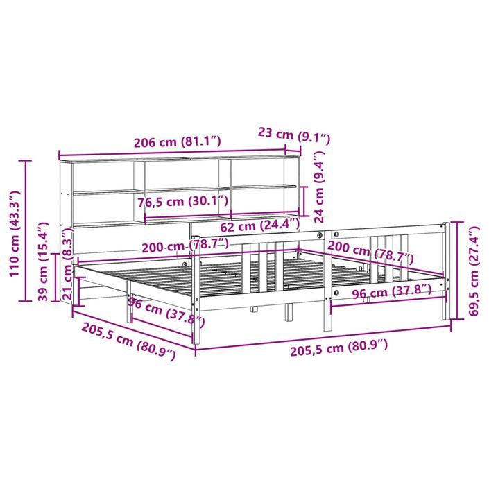 Lit bibliothèque sans matelas blanc 200x200 cm bois pin massif - Photo n°11