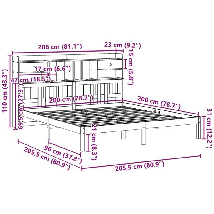 Lit bibliothèque sans matelas blanc 200x200 cm bois pin massif - Photo n°11