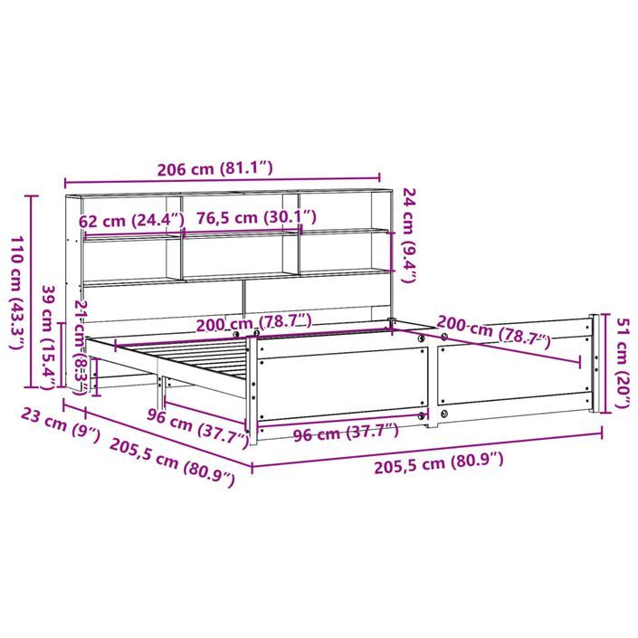 Lit bibliothèque sans matelas blanc 200x200 cm bois pin massif - Photo n°11