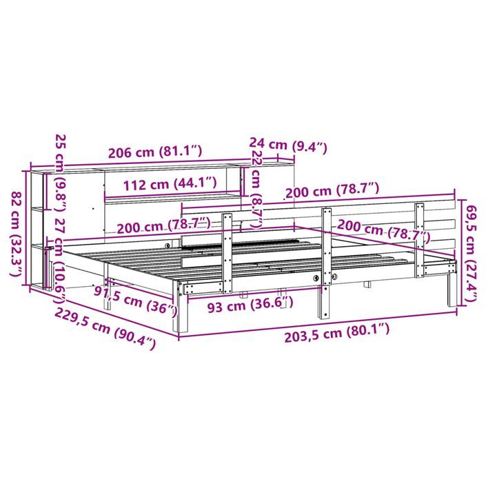 Lit bibliothèque sans matelas blanc 200x200 cm bois pin massif - Photo n°11