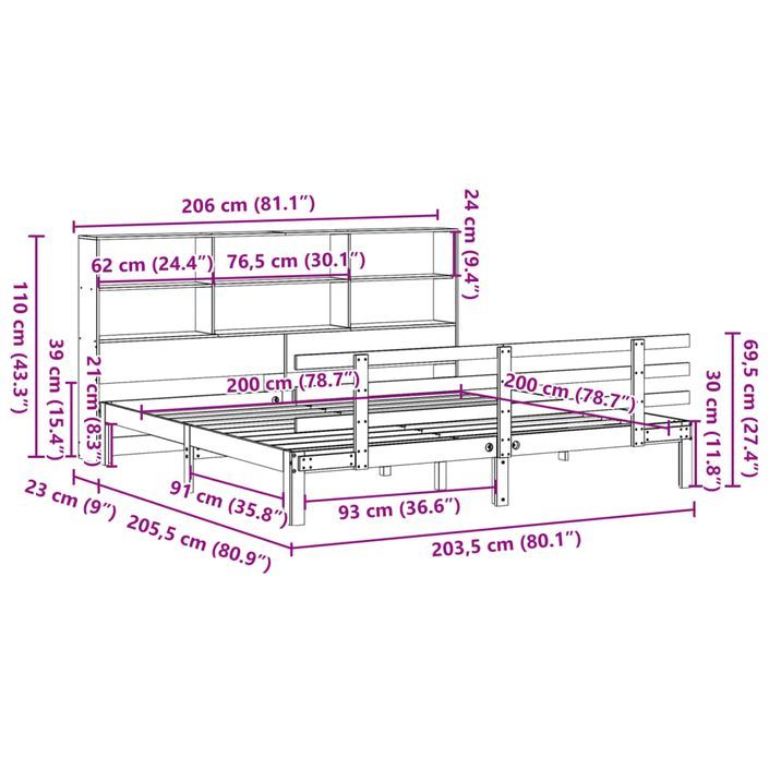 Lit bibliothèque sans matelas blanc 200x200 cm bois pin massif - Photo n°11