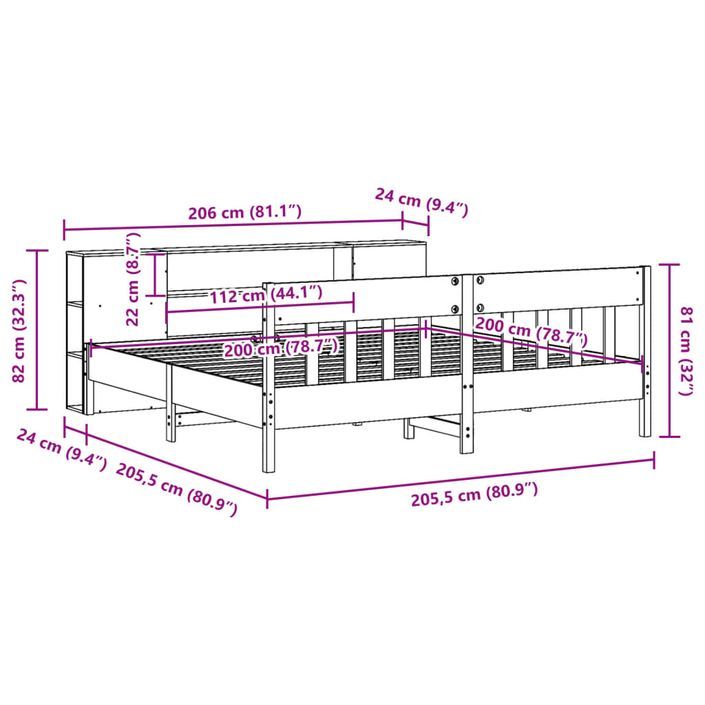 Lit bibliothèque sans matelas blanc 200x200 cm bois pin massif - Photo n°12