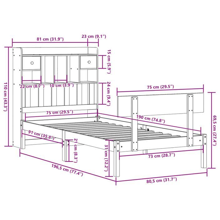 Lit bibliothèque sans matelas blanc 75x190cm bois de pin massif - Photo n°11