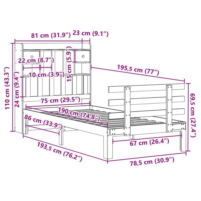 Lit bibliothèque sans matelas blanc 75x190cm bois de pin massif - Photo n°11