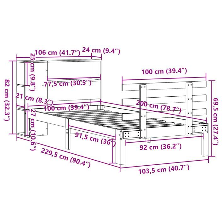 Lit bibliothèque sans matelas cire marron 100x200 cm pin massif - Photo n°11