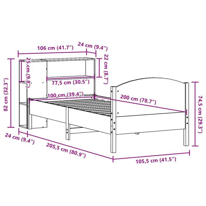 Lit bibliothèque sans matelas cire marron 100x200 cm pin massif - Photo n°12