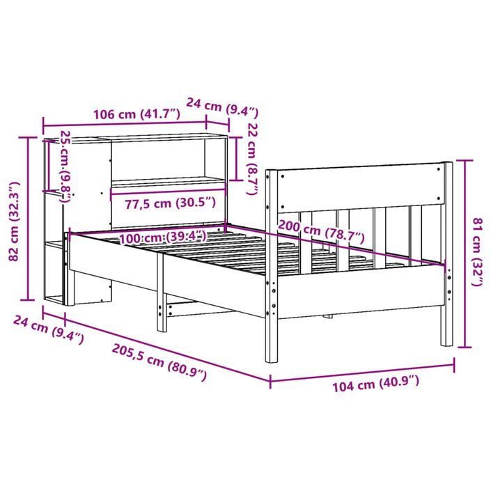 Lit bibliothèque sans matelas cire marron 100x200 cm pin massif - Photo n°12