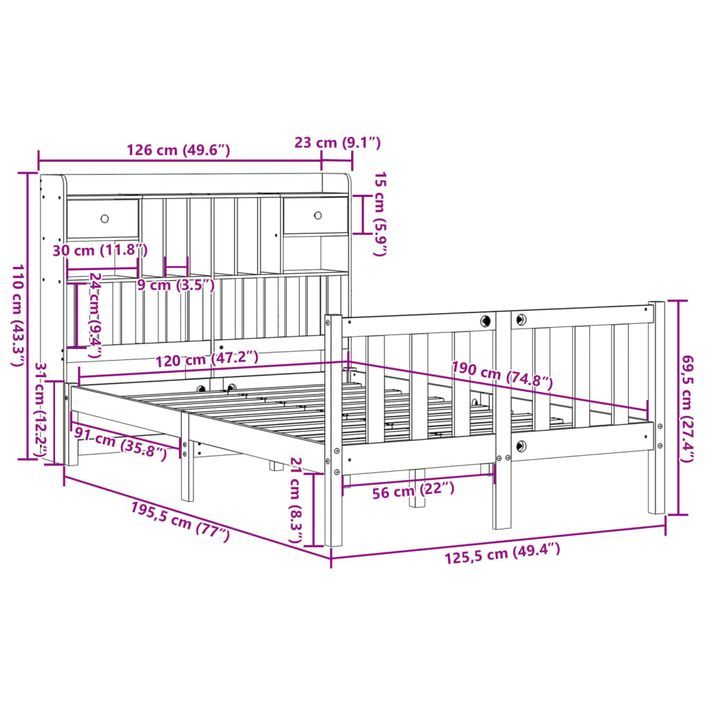 Lit bibliothèque sans matelas cire marron 120x190cm pin massif - Photo n°11