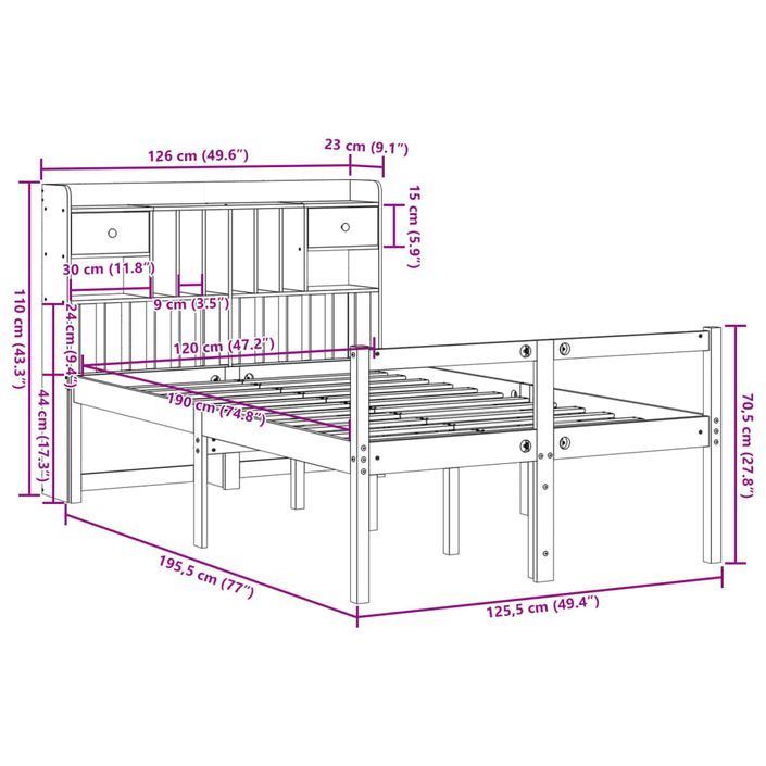 Lit bibliothèque sans matelas cire marron 120x190cm pin massif - Photo n°11