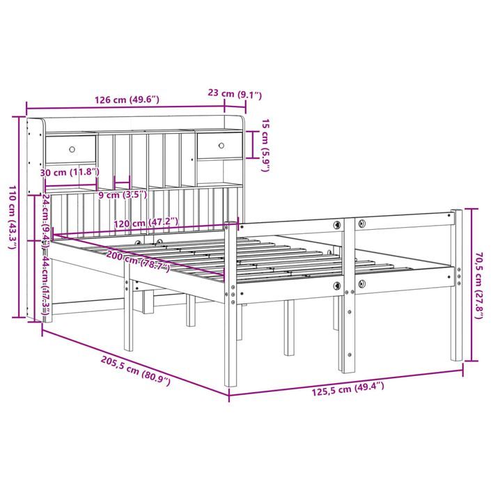 Lit bibliothèque sans matelas cire marron 120x200 cm pin massif - Photo n°11