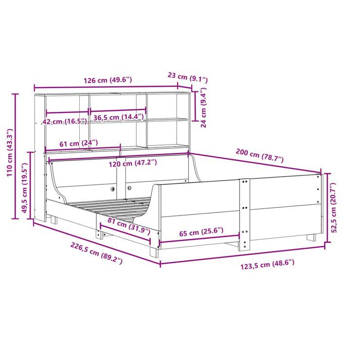 Lit bibliothèque sans matelas cire marron 120x200cm bois massif - Photo n°12