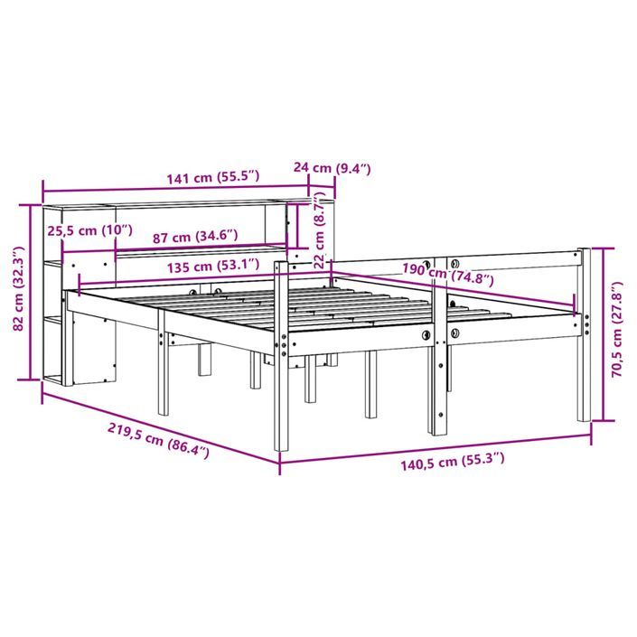 Lit bibliothèque sans matelas cire marron 135x190cm bois massif - Photo n°12