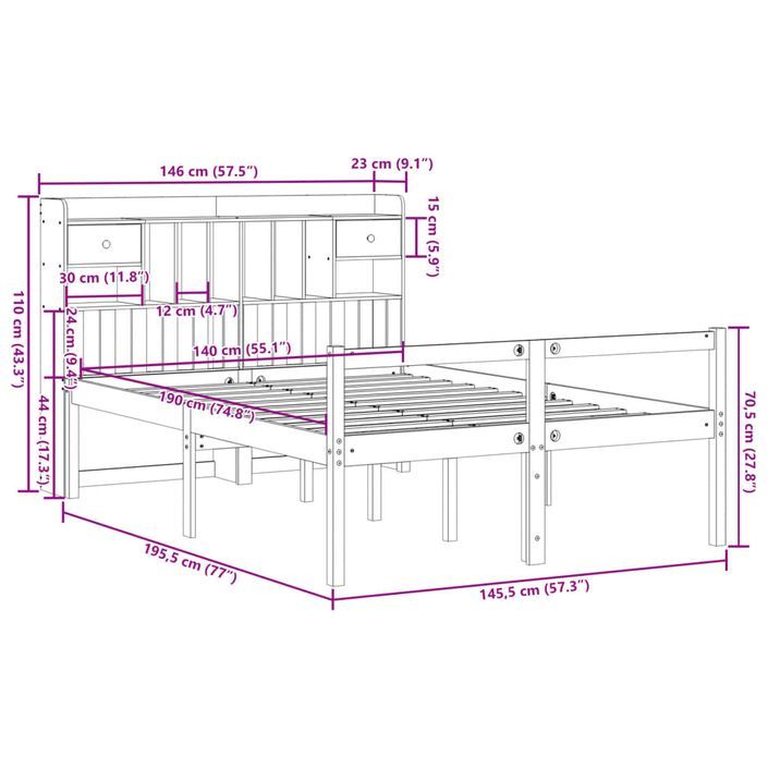 Lit bibliothèque sans matelas cire marron 140x190 cm pin massif - Photo n°11