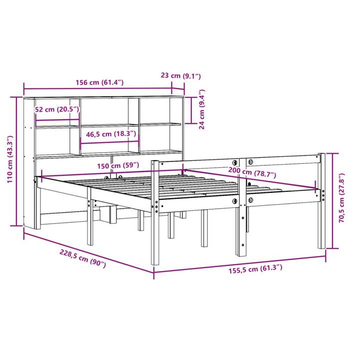 Lit bibliothèque sans matelas cire marron 150x200cm bois massif - Photo n°12