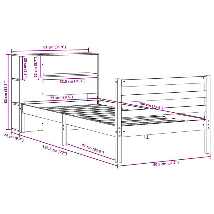 Lit bibliothèque sans matelas cire marron 75x190 cm bois massif - Photo n°11