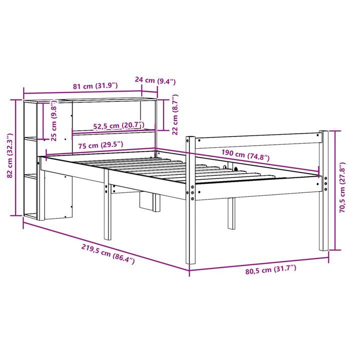 Lit bibliothèque sans matelas cire marron 75x190 cm bois massif - Photo n°12