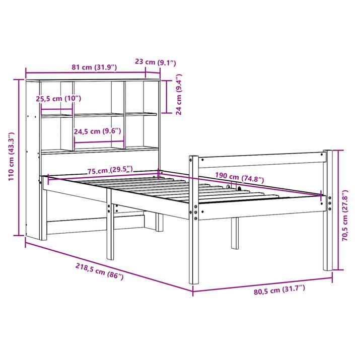 Lit bibliothèque sans matelas cire marron 75x190 cm bois massif - Photo n°12