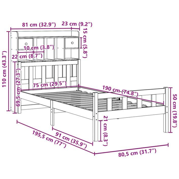 Lit bibliothèque sans matelas cire marron 75x190 cm pin massif - Photo n°11