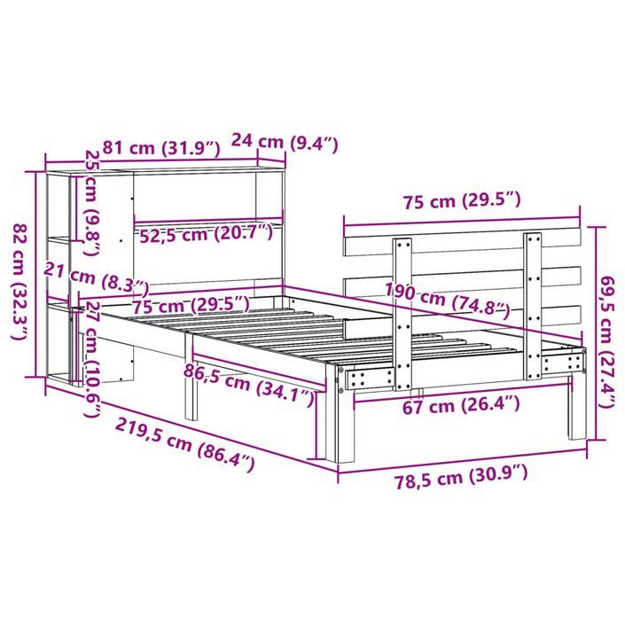 Lit bibliothèque sans matelas cire marron 75x190 cm pin massif - Photo n°11