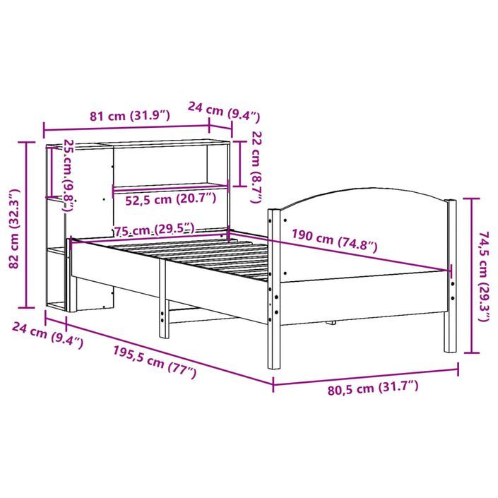 Lit bibliothèque sans matelas cire marron 75x190 cm pin massif - Photo n°12