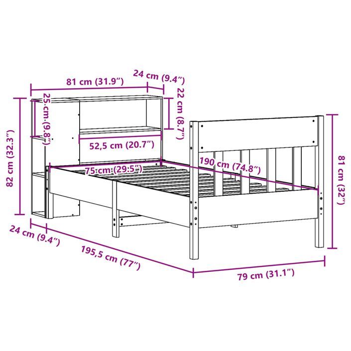 Lit bibliothèque sans matelas cire marron 75x190 cm pin massif - Photo n°12