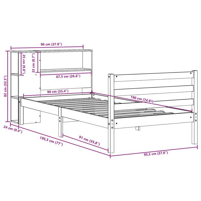 Lit bibliothèque sans matelas cire marron 90x190 cm bois massif - Photo n°11