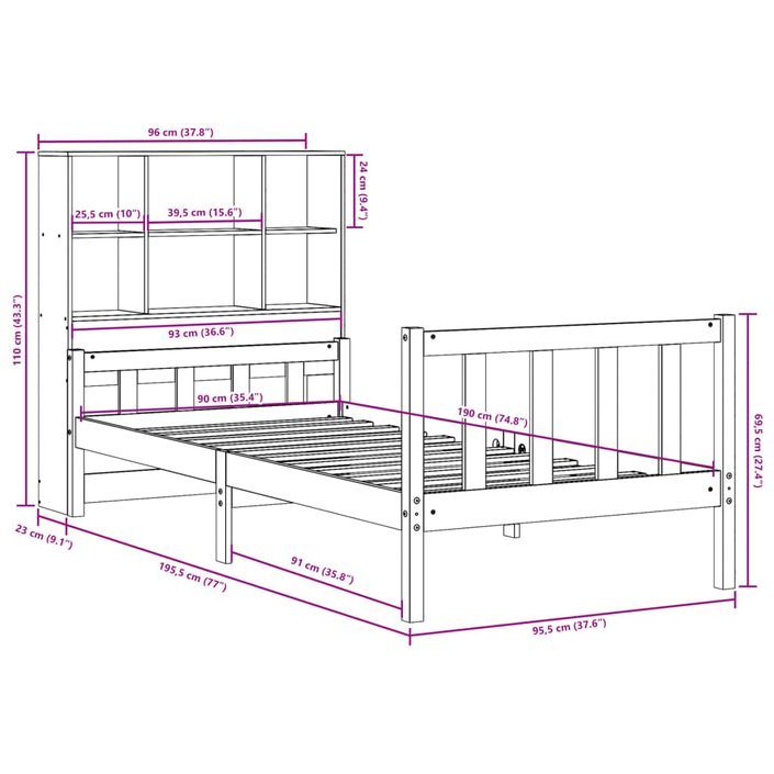 Lit bibliothèque sans matelas cire marron 90x190 cm bois massif - Photo n°12