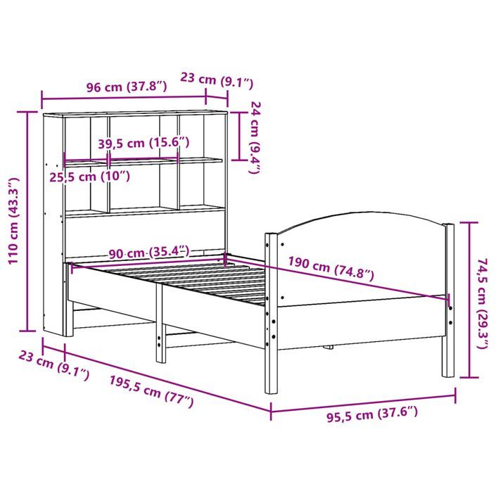 Lit bibliothèque sans matelas cire marron 90x190 cm pin massif - Photo n°12