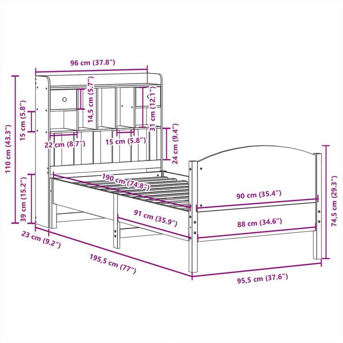 Lit bibliothèque sans matelas cire marron 90x190 cm pin massif - Photo n°11