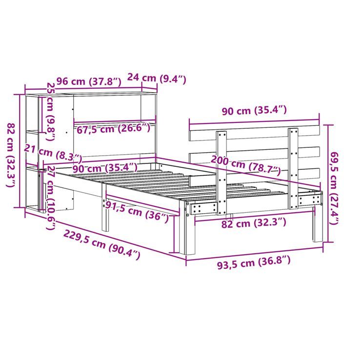 Lit bibliothèque sans matelas cire marron 90x200 cm pin massif - Photo n°11