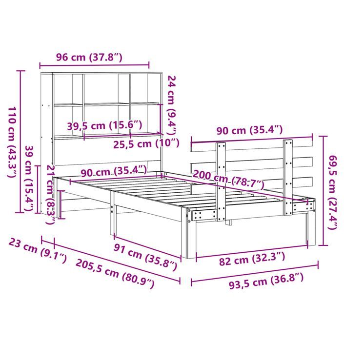 Lit bibliothèque sans matelas cire marron 90x200 cm pin massif - Photo n°11