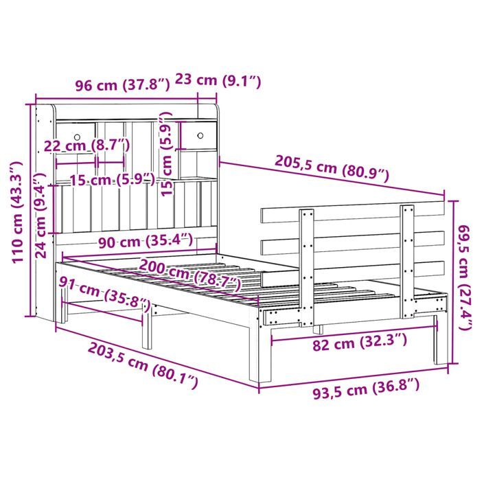 Lit bibliothèque sans matelas cire marron 90x200 cm pin massif - Photo n°11