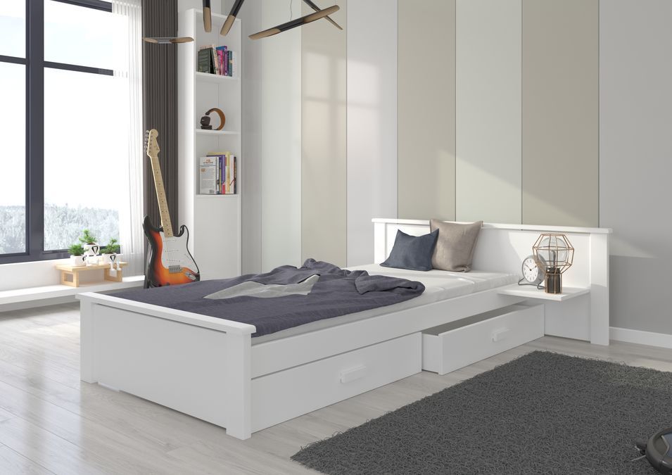 Lit bois pin blanc et bois gris graphite 90x200 cm avec 1 chevet et 2 tiroirs de rangement Lydia - Photo n°4