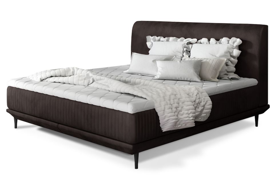 Lit boxspring 140x200 cm velours marron foncé sommier et matelas inclus Mastera - Photo n°1