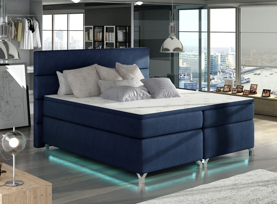 Lit boxspring 160x200 cm tissu bleu foncé Mador - Photo n°1