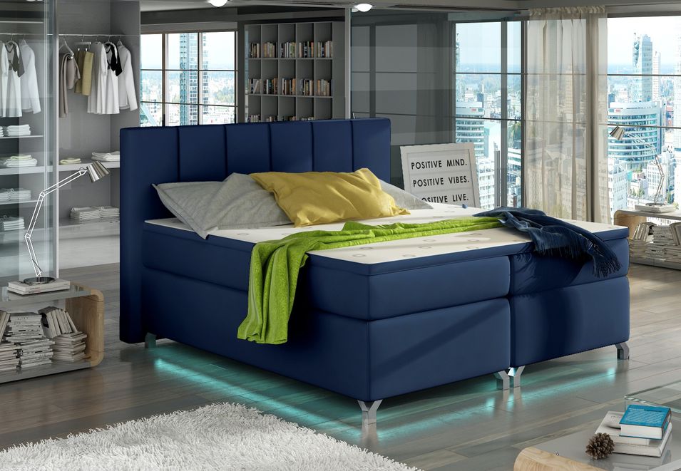 Lit boxspring 180x200 cm simili cuir bleu marine Balfor - Photo n°1