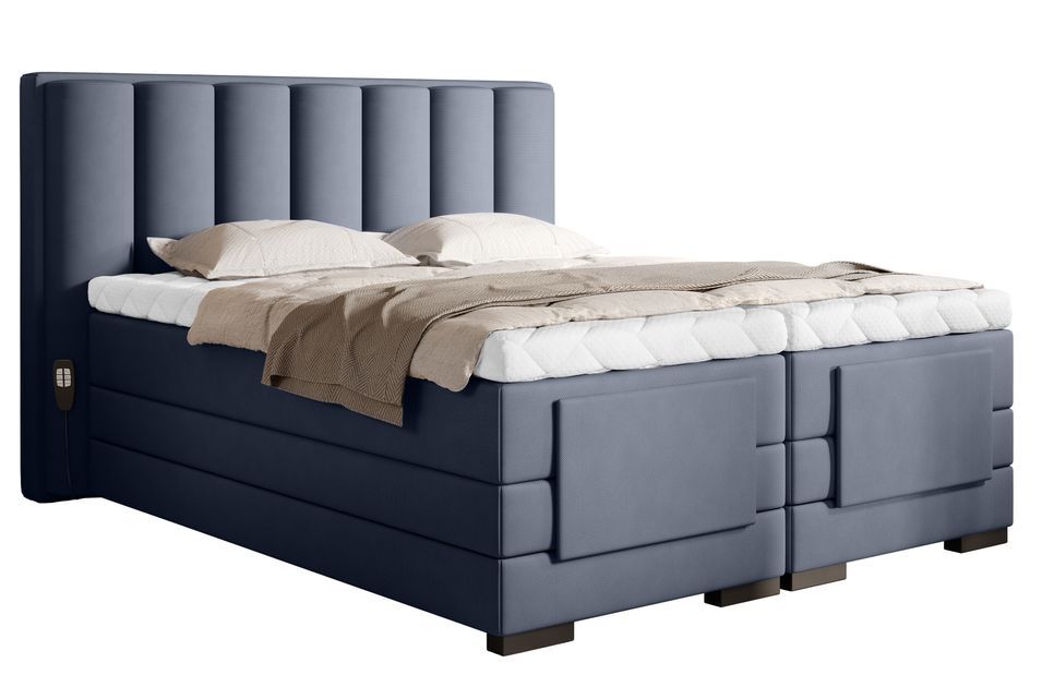 Lit boxspring électrique tissu bleu lavande avec matelas et surmatelas Arkos - Photo n°1