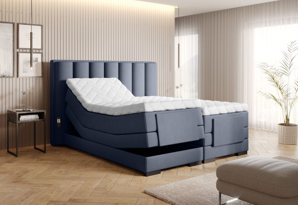 Lit boxspring électrique tissu bleu lavande avec matelas et surmatelas Arkos - Photo n°2