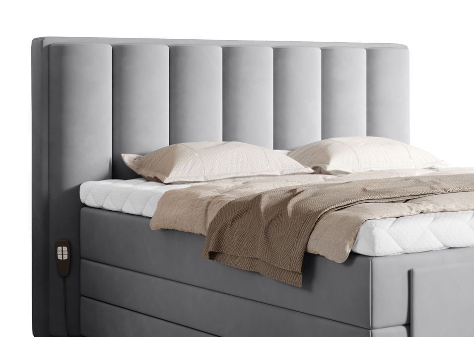 Lit boxspring électrique velours gris souris avec matelas et surmatelas Arkos - Photo n°4