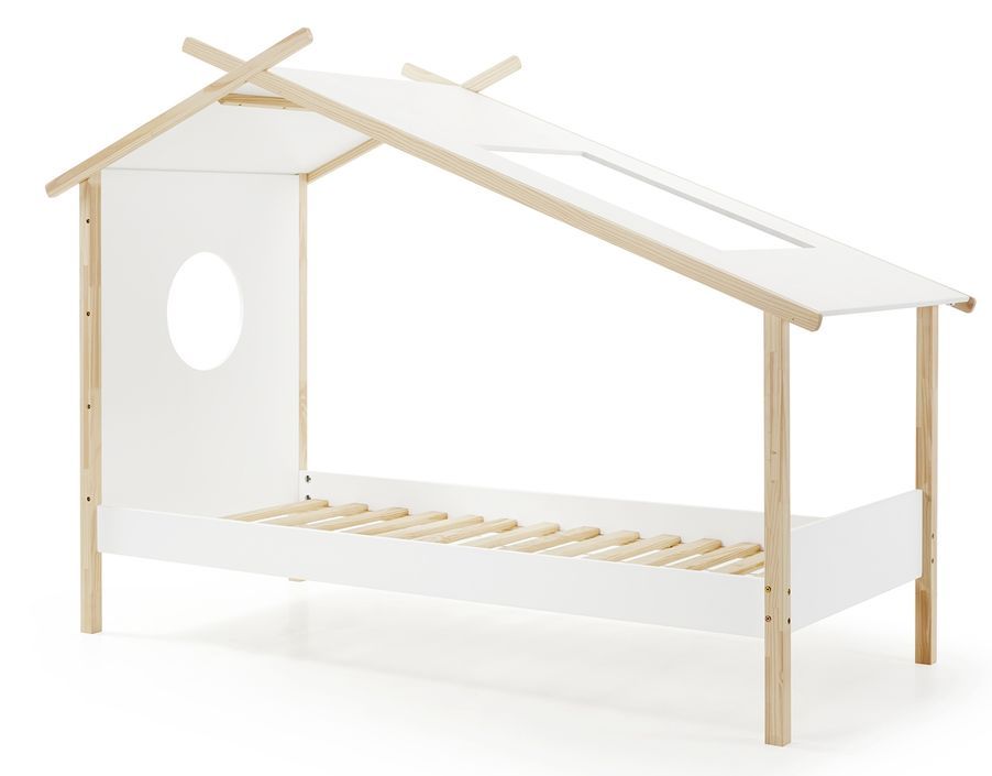 Lit cabane pin massif clair et blanc Coconi 90x200 cm - Photo n°1